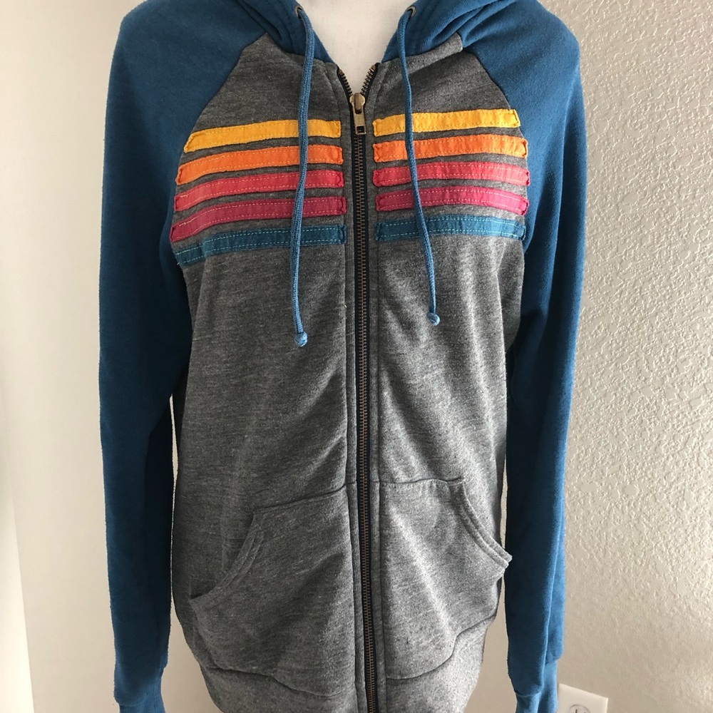 Aviator Nation 5 Stripe Gray and Blue Zip Hoodie